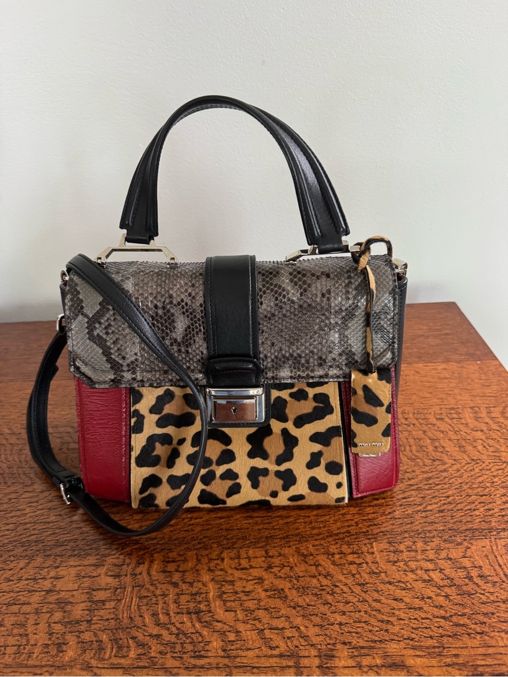 Miu Miu Rare Python, Leopard Print and Leather Crossbody/Satchel Bag w/COA